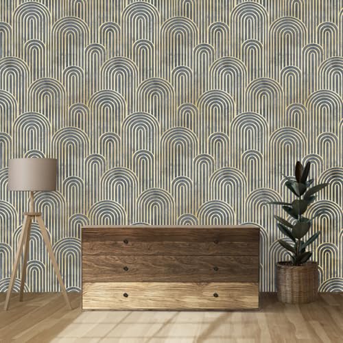 Image of Wallpaper Self Adhesive Wall Covering Elegant Semi-Circular Arches with Gold and Gray Concentric Lines (41cm x 244cm)