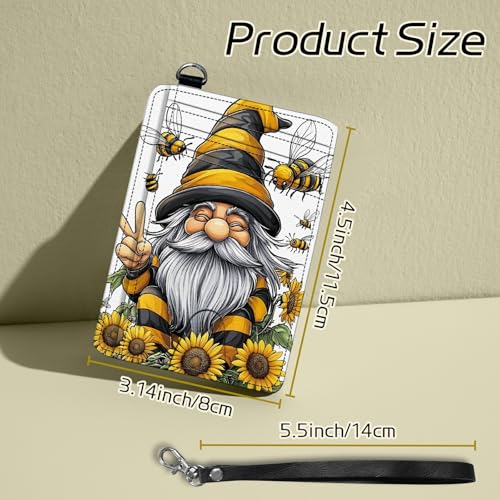 Image of Small Travel Wallets, Bee Dwarf Sunflower Slim Minimalist Front Pocket Wallet with Wristlet, RFID Blocking PU Leather Credit Card Holder with ID Window Change Purse for Men Women