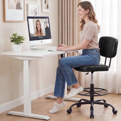 Image of DUMOS Armless Drafting Chair, Low Back Office Seat with Adjustable Footrest Ring for Standing Desk, Ergonomic PU Leather Office Seating, Swivel Rolling High Stool for Studio, Lab, Counter, Black