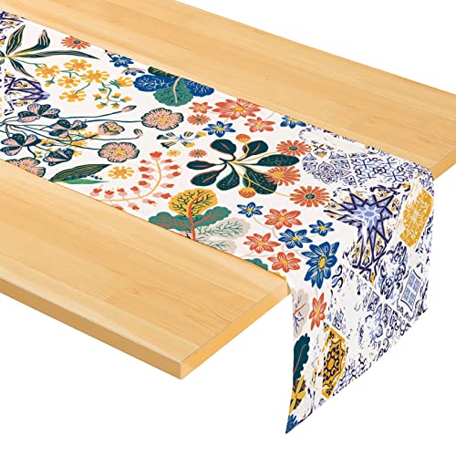 WHOMEAF Boho Blue Tile Plants Table Runner Burlap Vintage Colorful Floral Table Runners Design Decor for Kitchen Dining Home