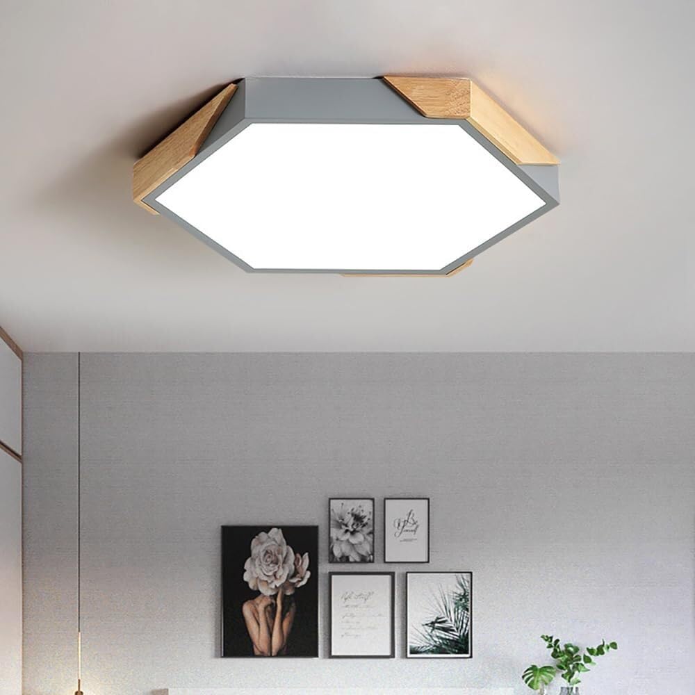 LYMSXAZOU Semi Flush Mount Ceiling Light Dimmable Modern Wood LED White Lamps Geometry Lighting for Bedroom Dining Room Kitchen Laundry Hallway(Natural Gray 24.4in)