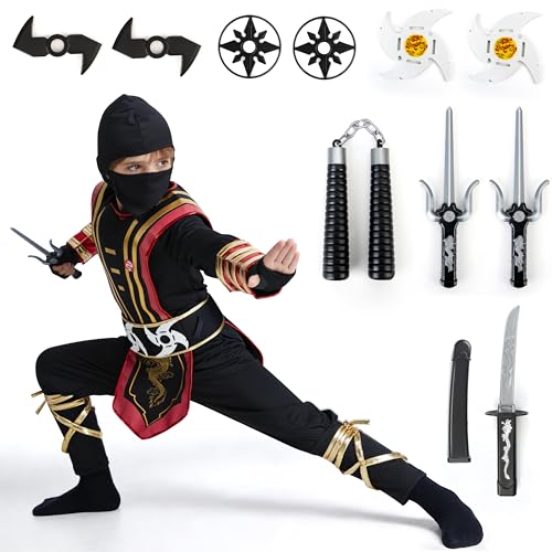 Cheffery Déguisement Ninja Enfant, Costume Samouraï, Set Carnaval Guerrier de L’Ombre avec Unchaku, Fléchettes en Mousse & Autres Accessoires, Déguisement Carnaval pour Garçons, Cosplay (L)