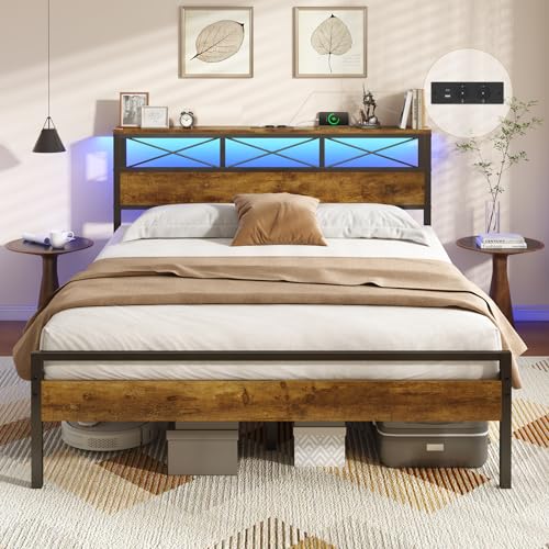 DICTAC Bettgestell 140x200 cm Doppelbett – Modernes Metallbett mit LED-Beleuchtung, USB+USB-C Ladestation & 2 Steckdosen – Bett mit Kopfteil und Stauraum (140x200, inkl. Metal Lattenrost)