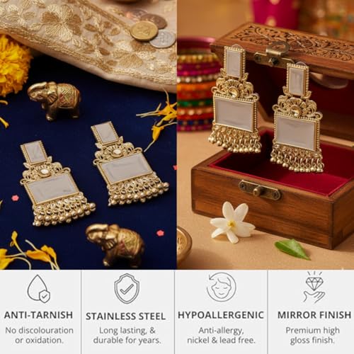 Image of Premium Oxidized Gold Chunky Jhumki Earrings for Women - Heavy Statement Jhumka with Long Chain & Ghungroo Drops | Anti-Tarnish Hypoallergenic Mirror Finish | Bridal, Navratri, Garba, Diwali