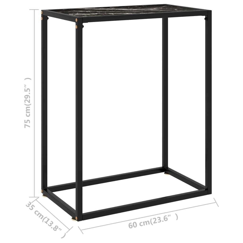 Stolik konsolowy czarny ze szkłem hartowanym, 60 x 35 x 75 cm, stal malowana proszkowo, wygląd marmuru, nie zajmuje dużo miejsca, do salonu, korytarza, sypialni, nowoczesny design z miejscem
