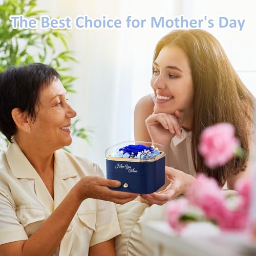 FRFG Ewige Echte Rose mit Halskette, Geburtstagsgeschenk für Mama Frauen Ewige Blume, Geschenke für Frauen Mama Oma Konservierte Rose Muttertagsgeschenk Ewige Rose - Blau
