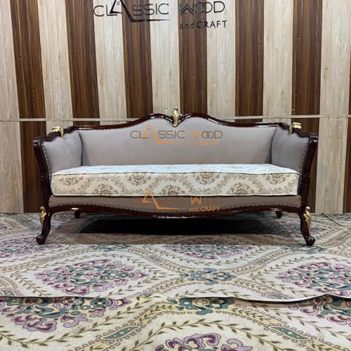 Image of CLASSIC WOOD & CRAFT Luxury 7-Seater Wooden Sofa Set Hand-Carved Teak Wood Sofa with Onex Top Center Table & Side Tables Victorian Style Upholstered Sofa Set Royal Living Room Furniture for Home