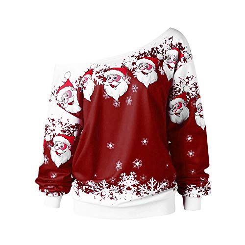 Preisvergleich Produktbild Hässliche Weihnachtsbluse,HUYURI Frauen Loses Hemd Weihnachtsmann Print Schiefen Kragen Tops