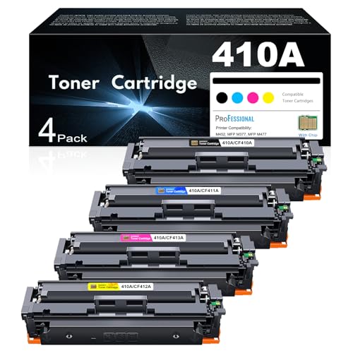 Image of 410A Toner Cartridges 4 Pack High Yield M477fnw M452dn M477fdw | Replacement for HP 410A 410X Use with HP Color Pro MFP M477fnw M477fdw M477fdn M452dn M452dw M452nw Printer (with Chip -BCYM)