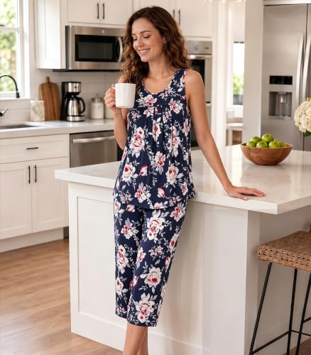 Image of NACHILA Pajamas for Women-Viscose Made from Bamboo, Sleeveless Pjs Tank Top Capri Pants Pajama Sets Cooling Sleepwear