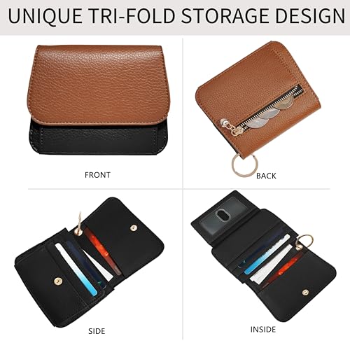 Image of Women Small Wallet RFID Blocking Slim Wallet with Coin Pocket Tri-Fold Credit Card Holder with ID Window and Keychain(Brown&Black)