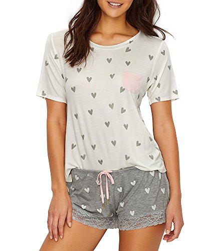 Honeydew Intimates Women's Something Sweet Shortie PJ Set, Hearts, White, Grey, Print, Medium