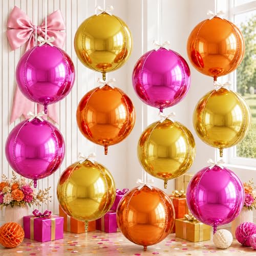 Image of 9 Pcs Pink Orange Gold Round Foil Balloons 22 In Metallic Hot Pink Gold Orange Chrome 4D Ball Balloon Mylar for Tropical Fiesta Summer Birthday Baby Shower Anniversary Sunset Disco Party Decor