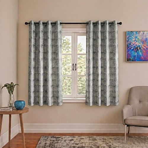 Image of HUTI Home Room Darkening Window Curtain for Home | Heavy Polyester Knitted Jacquard Look Eyelet Curtain | Texture Print | Grey | 5 Feet (120 x 152 cm) | Set of 2