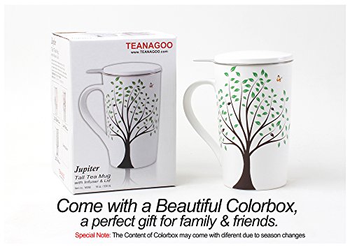 TEANAGOO Ceramic Tea Mug With Infuser and Lid and Handle, 18 Oz, Green Tree, M58-3 Women Filter Tea Cup Steeper, Brewing, Brewer Metal Diffuser Defusers Tea Drinkers Set Gifts Taza De Infusor De Té