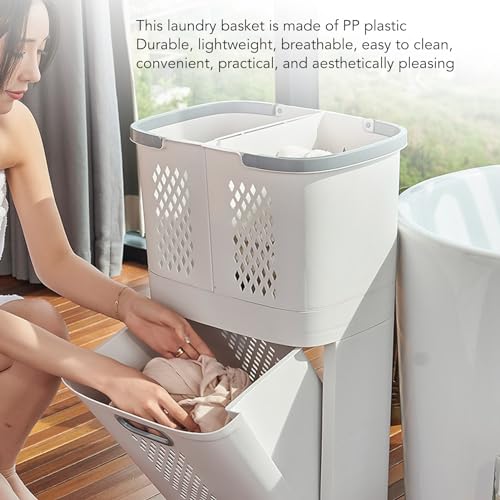 3 Compartment Plastic Laundry Hamper with Wheels Lightweight and Portable Storage Basket for Laundry Room and Bedroom - Image 5