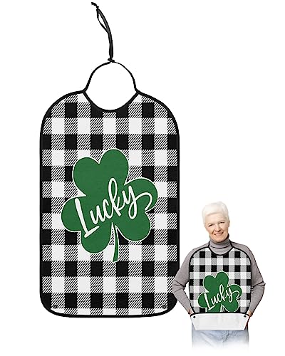 St. Patrick's Day Adult Bibs for Eating, Waterproof Bibs with Food Catcher & Adjustable Snap Closure, Black and White Buffalo Plaid Lucky Clover Clothing Protectors Adult Bibs for Elderly Women/Men
