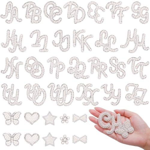 62Pcs Self Adhesive Pearl Letter Patches (A-Z) Star Butterfly Heart Bowknot Flower Glitter Pearl Letter Patches Rhinestone Applique for DIY Clothes, Bags, Shoes White