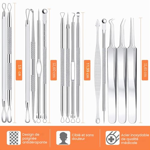 Extracteur Point Noir, IUMAKEVP 15 Pièces Tire Comédons Pince Professionnels en Acier Inoxydable pour Enlever Boutons, Acnés, Boutons sur le Visage - Blackhead Remover Outil avec Étui en Métal(Argent) – vue 8