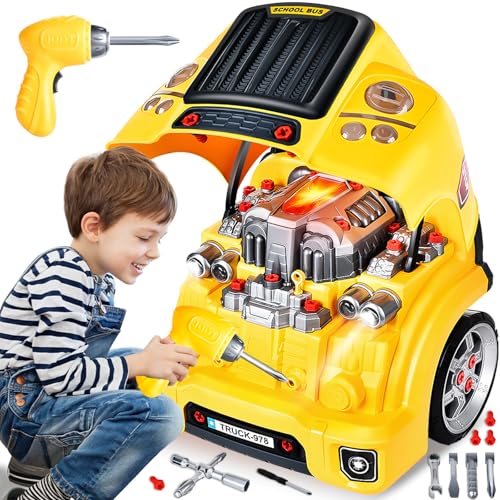 JONRRYIN Camión Motorizado con Luz y Sonido, Tractor Grande con Taladro, Faros de Almacenamiento y Ruedas, Kit de Ensamblaje para Niños de 3 a 5 Años