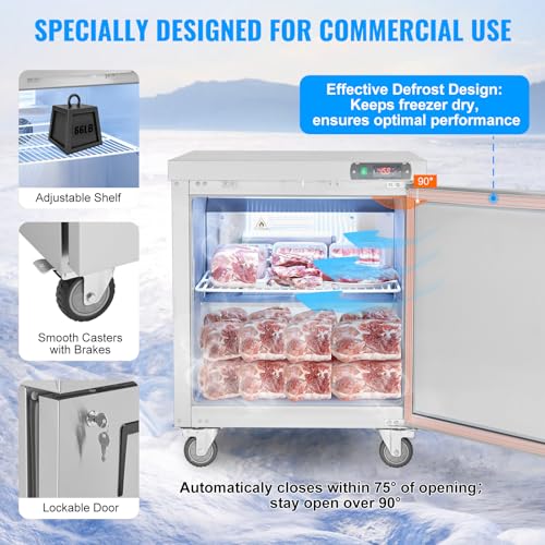 Image of VEVOR 28 inch W Commercial Freezer Worktop, 7.4 Cu. Ft Undercounter Freezers with /Casters, <0~-8℉>Defrost Frozen Prep Table, Single Door Stainless Steel Food Frozen Prep Station for Restaurant, Diner