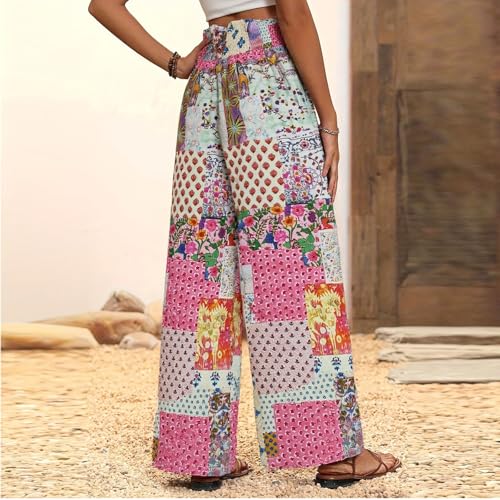 Wide Leg Linen Pants for Women Floral Smocked Elastic Waist Dress Pants Tummy Control Summer Boho Flowy Palazzo Pant3