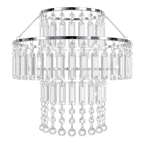 Image of Acrylic Light Shade with Bead Droplets, Faux Crystal Chandelier Shade for Ceiling Pendant, Table & Floor Lamps, Reducer Rings & Harp for B11, E14, E27 Sockets, Round, 3-Tier, 31cm Diameter, Clear