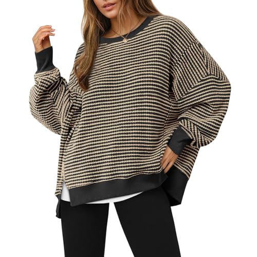 Striped Sweater Women Waffle Knit Long Sleeve Oversized Fall Sweatshirt - image 1