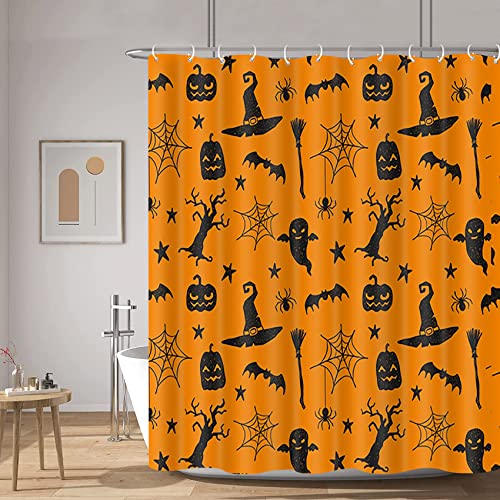 Halloween Pumpkin Shower Curtain 72x72 Inch Bat Spider Web Ghost Horror Shower Curtains Cartoon Magic Broom Hat Bathroom Decor Polyester Fabric Include Hooks Orange Black