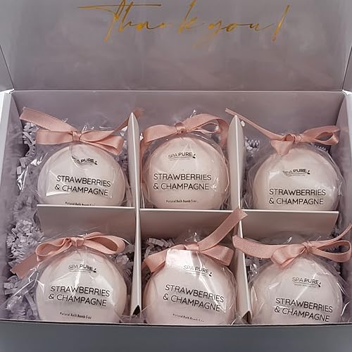 6 Strawberries and Champagne Luxury Bath Bomb Fizzies, Large, Handmade in The USA with Shea, Mango & Cocoa Butter, Ultra Moisturizing, 5 oz Each, Great for Dry Skin, All Skin Types (6)