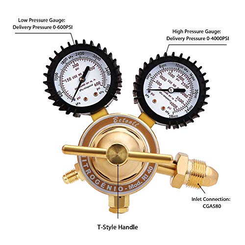 Betooll Nitrogen Regulator With 0-600 Psi Delivery Pressure Equipment Brass Inlet Outlet Connection Gauges #TOP1