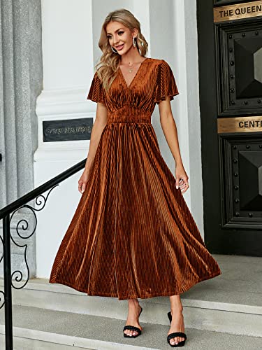 Image of Simplee Women's V Neck Velvet Maxi Dress Short Sleeve Empire Waist Long Formal Dress for Wedding Guest