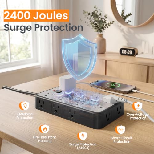 Image of 15 FT Surge Protector Power Strip with 6 USB, 16 Outlets, 2400J