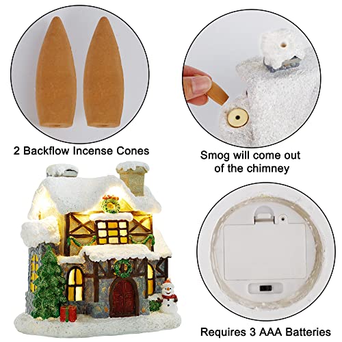 Adroiteet Christmas Village Light Up House, Backflow Incense Holder, Resin Christmas Snowy Town With Xmas Tree And Snowman, Holiday Tabletop Decorations For Home Kitchen Office #TOP3