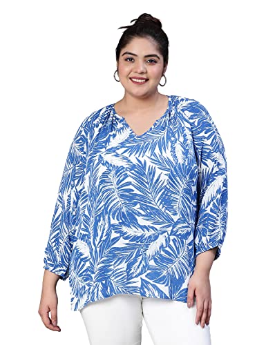 Image of oxolloxo Women Plus Size Tropical Print V-Neck Button Tab Sleeve Blue Top