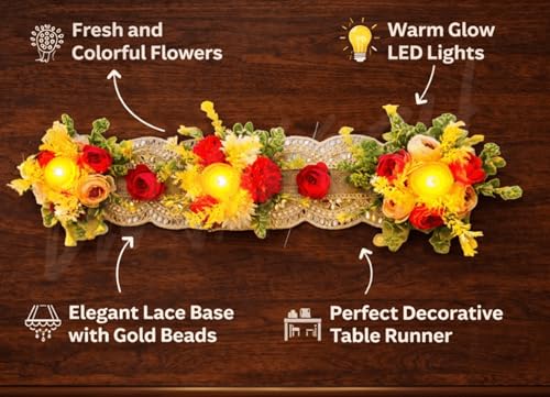 Image of Divyakosh Flower Table Runner Decoration for Dining Table with LED | Artificial Floral Centerpiece with Diya Lights | Festive Table Decor for Diwali, Wedding, Pooja & Home Decoration, 22 Inch