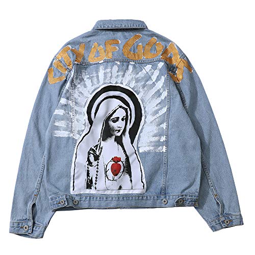 NAGRI Men's Denim Jackets Virgin Mary Trucker Jean Coat Hip Hop Lity of Gods Button Down Jean Jacket