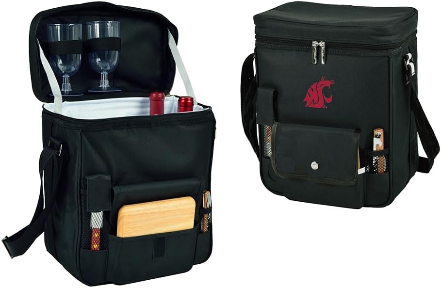 Washington State Licensed Cougars Wine and Cheese Picnic Basket/Cooler with Hardwood Cutting Board, Cheese Knife and Corkscrew, Assembled & Quality Approved in The USA