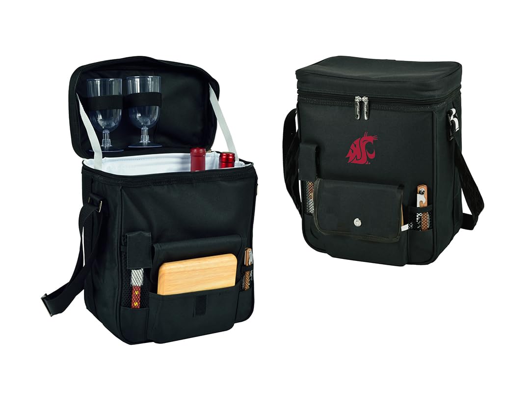 Washington State Licensed Cougars Wine and Cheese Picnic Basket/Cooler with Hardwood Cutting Board, Cheese Knife and Corkscrew, Assembled & Quality Approved in The USA