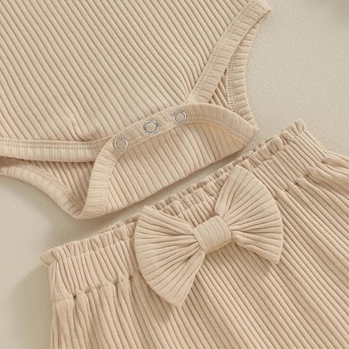 Newborn Baby Girls Ribbed Knit Ruffle Short Sleeve Romper Shorts Headband 3pcs Basic Solid Clothes Cute Outfit4