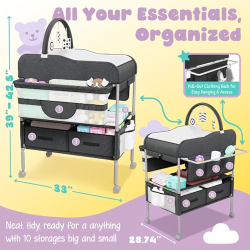 Image of Baby Changing Table Black with Storage - Collapsible Baby Diaper Changing Station with Toy Holder, Baskets - Diaper Changing Table for Small Spaces, Portable Changing Table for Baby