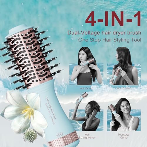 Image of Travel Dual Voltage Hair Dryer Brush 4-in-1 Portable Mini Hot Air Blow Dryer Straightener & Curler Brush, Titanium Round Blowout Styler Volumizer Tools, 110 /240V US /EU /UK -Baby Blue & Rose Gold