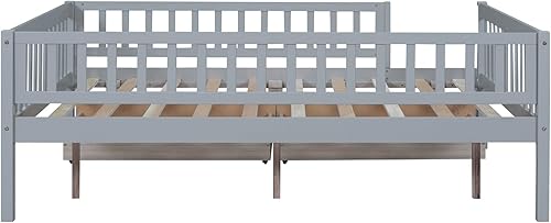 Miniatura 6 de Epinki Cama de madera tamaño matrimonial con 2 cajones, gris, marco de cama para niños, no necesita somier, fácil montaje