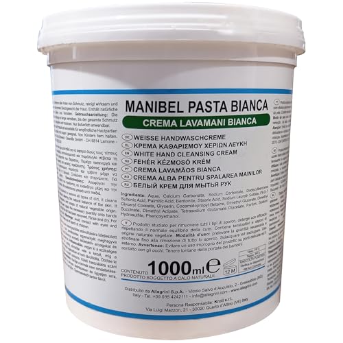 Allegrini Manibel Pasta Lavamani Bianca Sapone Mani Professionale per Officina Profumato ed Emolliente Rimuove Grasso Olio Catrame Inchiostro e Vernice 1000 ml
