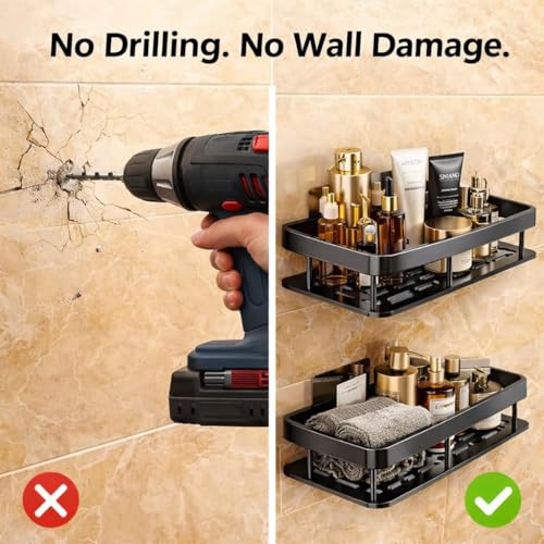 Image of TEKCOOL Bathroom Shelf Without Drill for Wall | Self Adhesive Bathroom Organiser | Wall Mounted Bathroom Shelves Rack | Strong Adhesive Storage Organizer Stand (Black, Pack of 1)