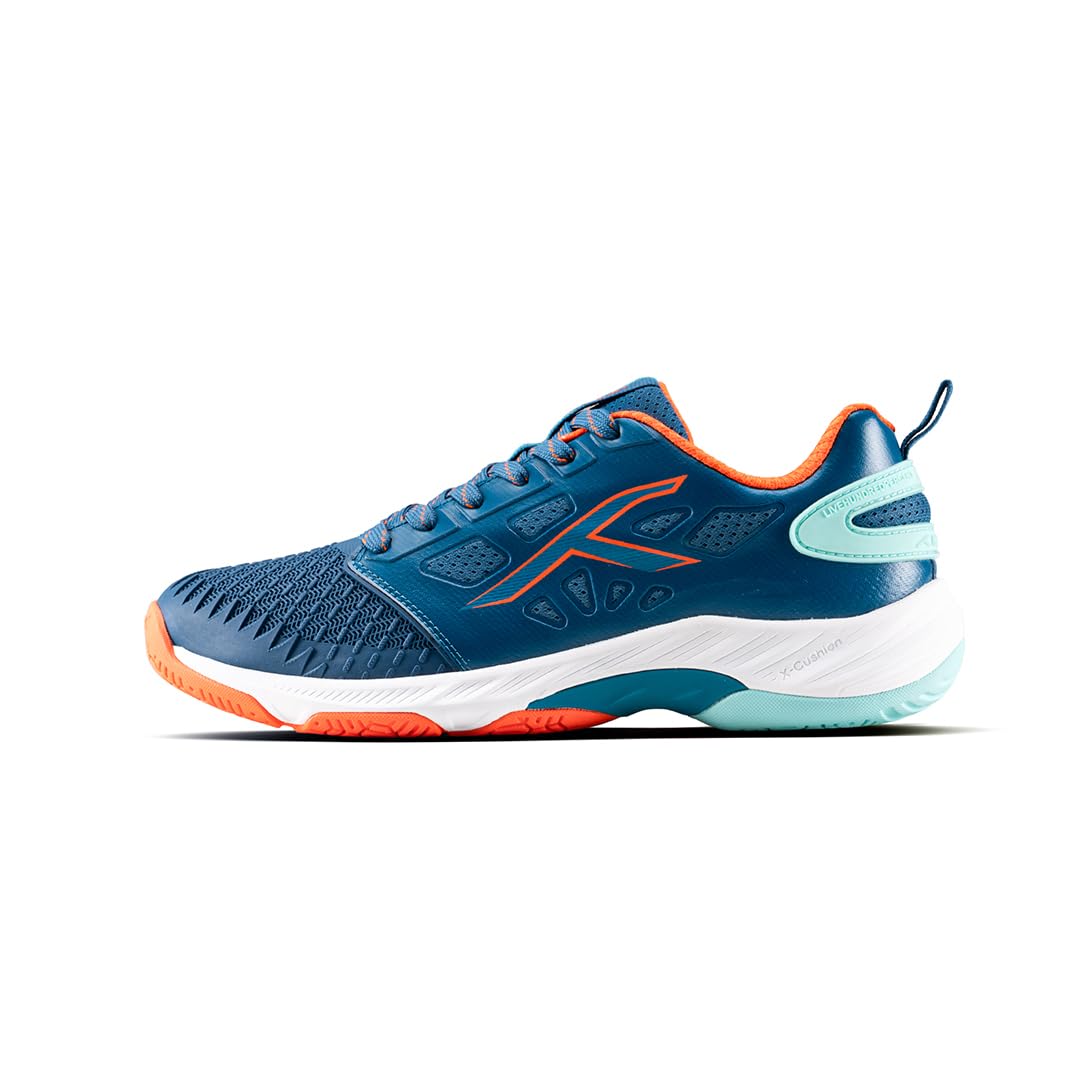 Hyper Court Badminton Shoes | Indoor Court Footwear | Non-Marking Active Grip Sole | X-Cushion Midsole | Lightweight Performance | Heel Support (Blue/Orange/White)