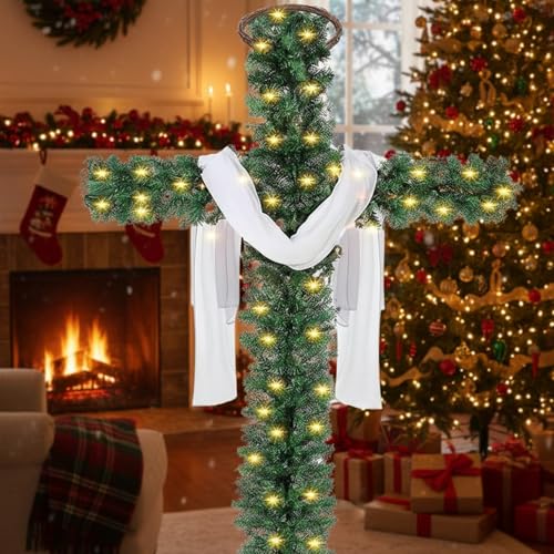 CraftyDream 5ft Christmas Cross Tree with LED Lights, Silk Scarf,