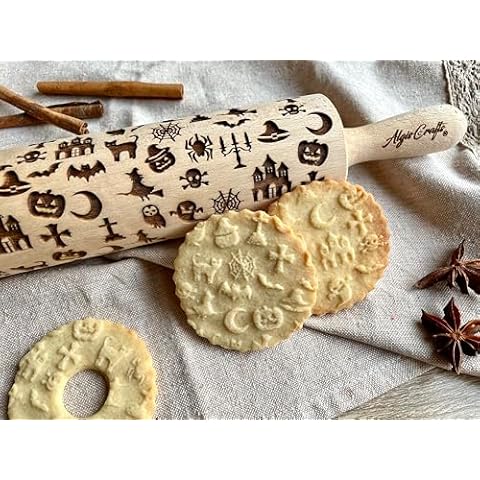 HALLOWEEN Embossing Rolling Pin. Laser Engraved Dough Roller with Pattern - Moon, Owl Spider, Ghost, Pumpkin, Witch. Rolling Pin for Embossing Homemade Halloween Cookies by Algis Crafts Cover