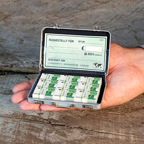 Chroma Products Geldkoffer als Geldgeschenk oder für Gutscheine - Mini Aktenkoffer aus Aluminium mit Schnappverschluss, Geldstapel und Grußkarte - Ideal auch für Hochzeitsgeschenke