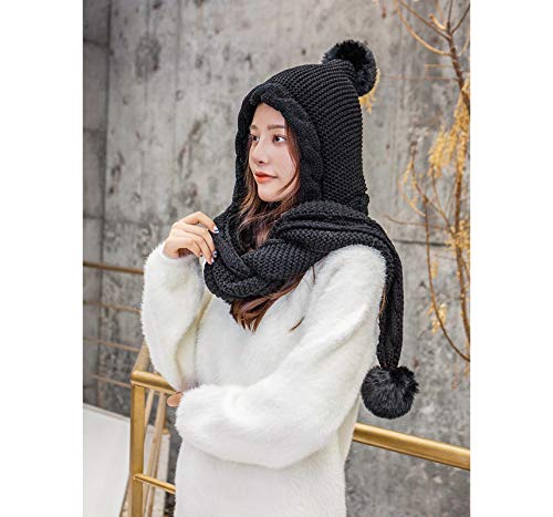 Gorro feminino com cachecol, chapéu de inverno cor sólida malha pompom gorro de crânio elástico, Pre